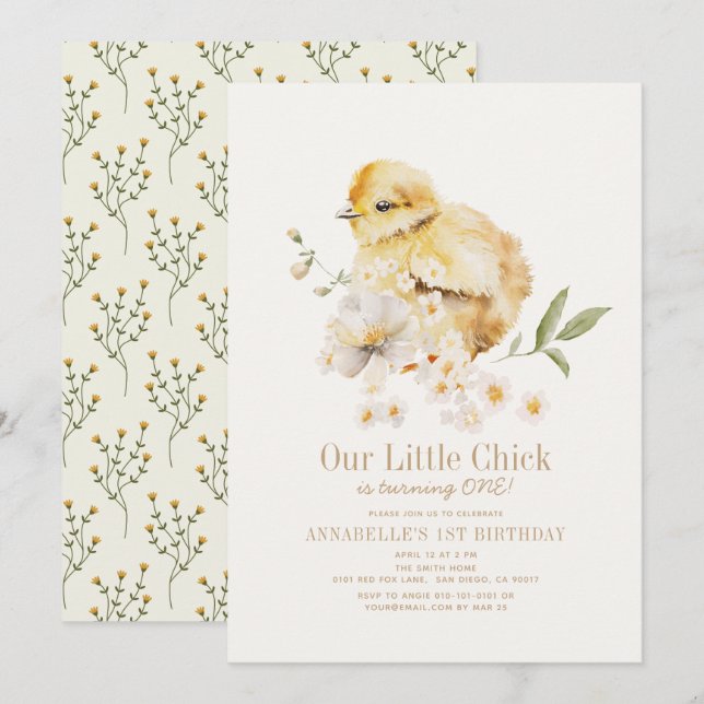 Little Chick Watercolor Floral Girl 1st Birthday Invitation (Front/Back)