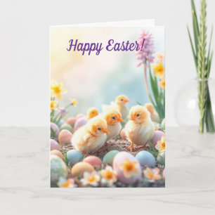 Little Chicks and Pastel Easter Eggs Holiday Card