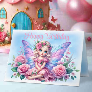 Little Child Fairy in Pink Dress & Roses Birthday Card