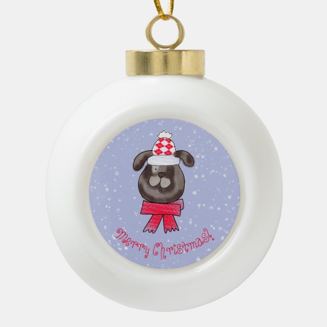 Little Christmas dog wearing knitted cap and scarf Ceramic Ball Christmas Ornament (Front)