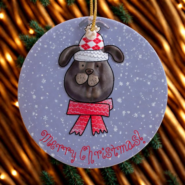 Little Christmas dog wearing knitted cap and scarf Ceramic Tree Decoration (Creator Uploaded)
