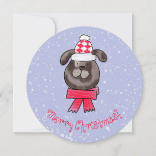 Little Christmas dog wearing knitted cap and scarf Invitation