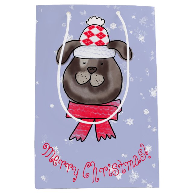 Little Christmas dog wearing knitted cap and scarf Medium Gift Bag (Front)