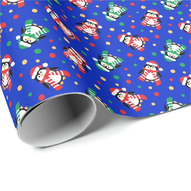 Little Christmas Penguins Cute Childrens Blue Wrapping Paper (Roll Corner)
