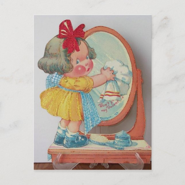 Little Cleaning Girl 1950s Vintage Valentine Postcard (Front)
