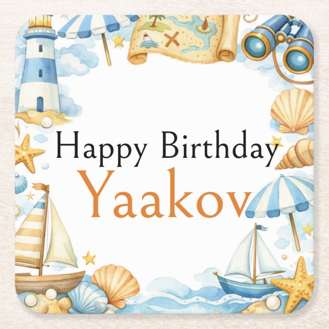 Little Coastal Explorer 4th Birthday For Boy Square Paper Coaster (Front)