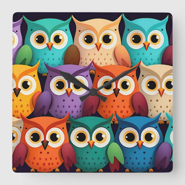 Little Colorful Owls Square Wall Clock (Front)
