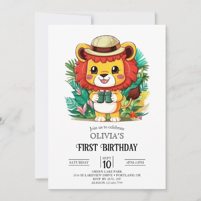 Little Colourful Lion 1st Birthday Digital Invitation (Front)