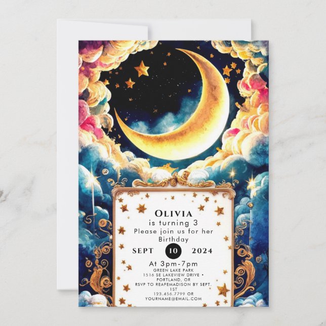 Little Colourful Moon Birthday Invitation (Front)