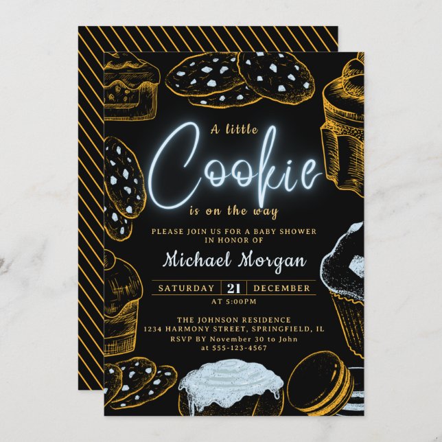 Little Cookie Baby Boy Blue and Black Baby Shower Invitation (Front/Back)