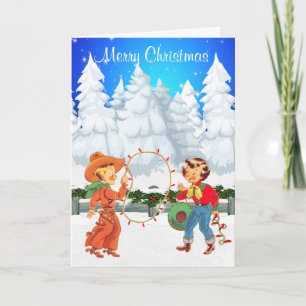 Little Cowboy and Cowgirl With Rope Lights Winter Holiday Card