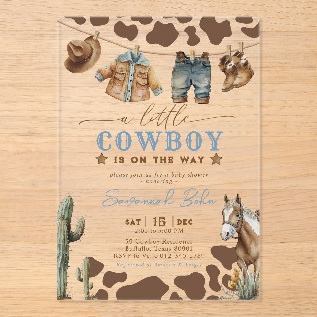 Little Cowboy Baby Shower Baby Clothes Watercolor Acrylic Invitations (Front)