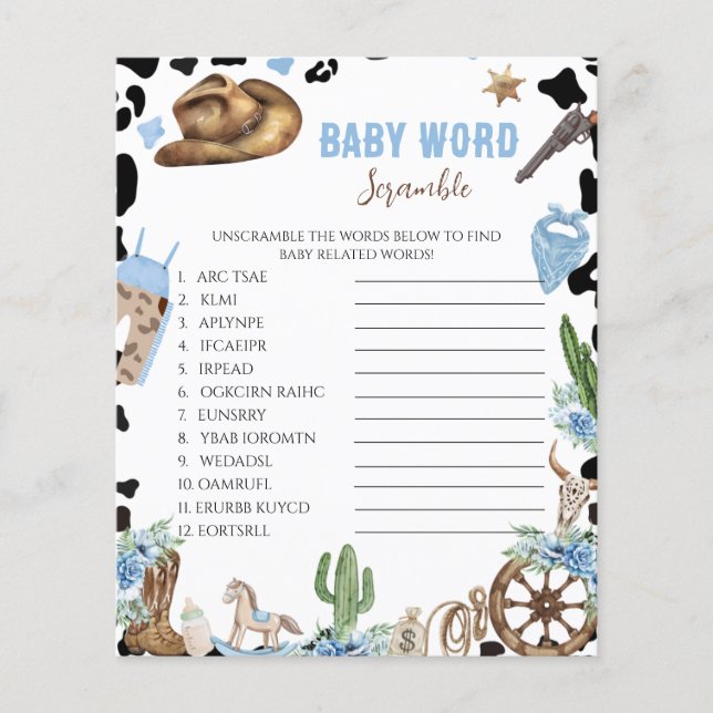 Little Cowboy Baby Shower Word Scramble Game (Front)