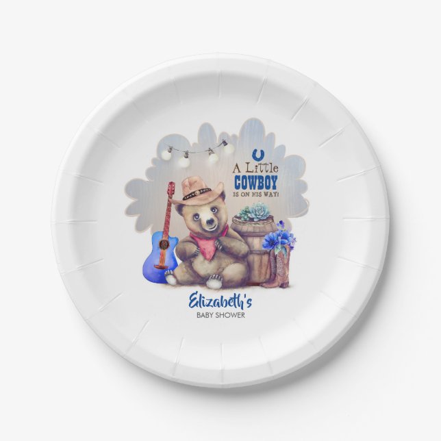 Little Cowboy Bear Baby Shower Country Themed Paper Plate (Front)