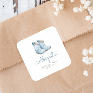 Little Cowboy Blue Boots Boys Baby Shower Square Sticker