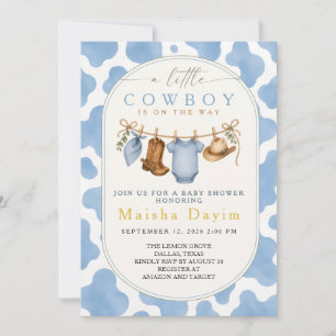 Little Cowboy Boy Blue Cow Print Baby Shower Invitation