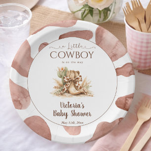 Little Cowboy Brown Cow Print Boy Baby Boy Shower Paper Plate