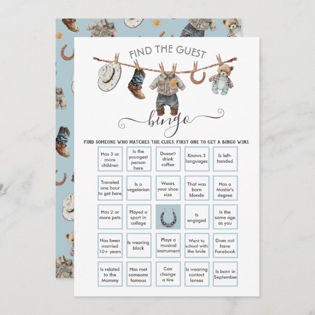 Little Cowboy Clothesline Find the Guest BINGO  Invitation (Front/Back)