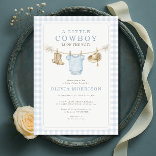 Little Cowboy Clothesline Gingham Baby Shower Invitation