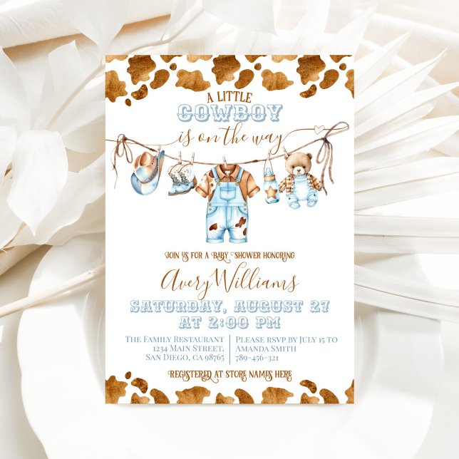 Little Cowboy Clothesline WildWest Boy Baby Shower Invitation (Creator Uploaded)