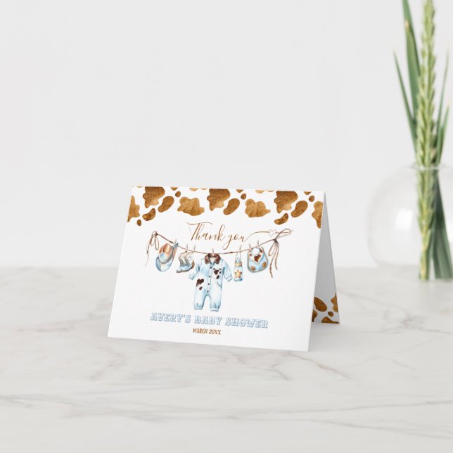 Little Cowboy Clothesline WildWest Boy Baby Shower Thank You Card (Front)