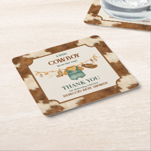 Little Cowboy Cow Western Clothesline Baby Shower Square Paper Coaster