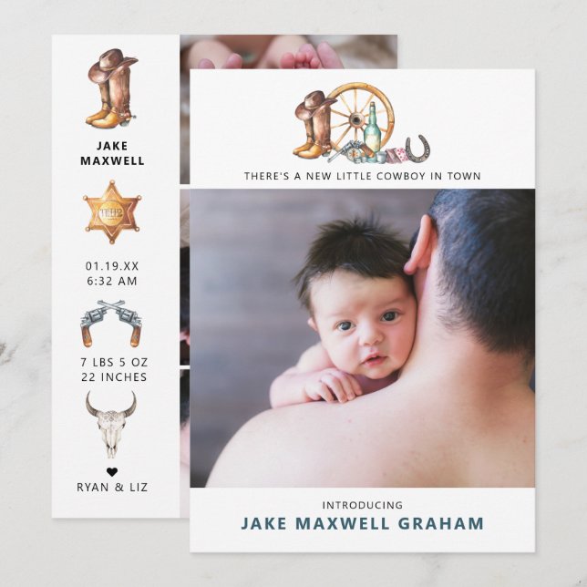 Little Cowboy | Double Sided Birth Announcement (Front/Back)