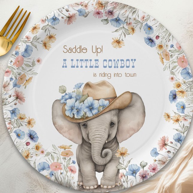 Little Cowboy Elephant and Boho Wildflower Paper Plate (Little Cowboy paper plates from the Boho Elephant Baby Shower Collection by Darling & May)