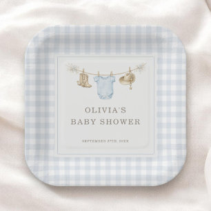 Little Cowboy Gingham Blue Boy Baby Shower Party Paper Plate