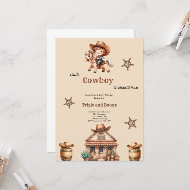 little cowboy is coming to town cowboy babyshower invitation (Front/Back In Situ)