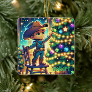 Little Cowboy  On Chair Decorating Christmas Tree  Ceramic Ornament
