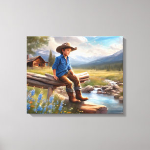 Little Cowboy On The Fence Boy's Bedroom Art  Canvas Print