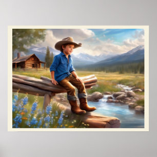 Little Cowboy On The Fence Boy's Bedroom Art  Poster