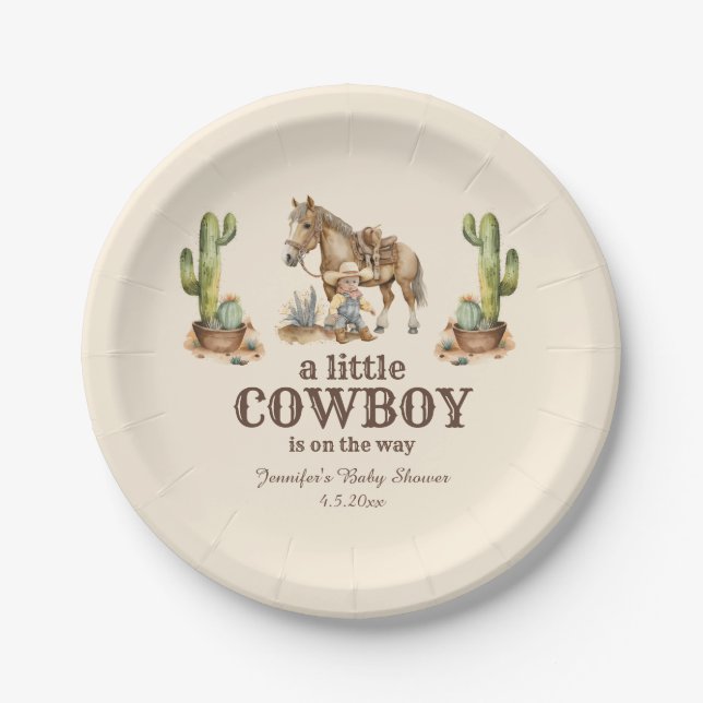 little cowboy on the way, boy baby shower  paper plate (Front)