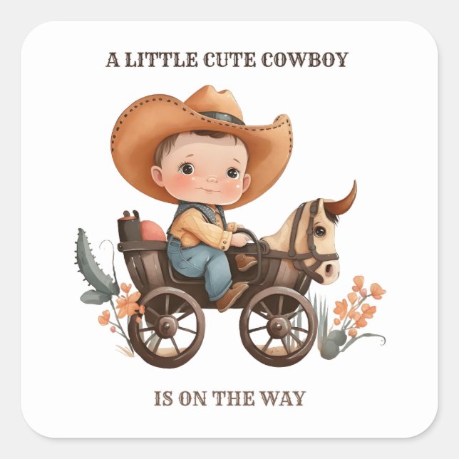 little cowboy on the way,boy baby shower western square sticker (Front)
