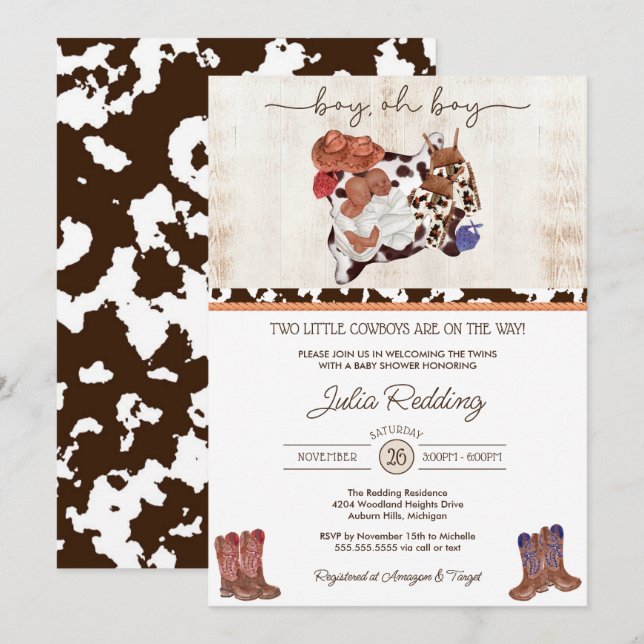 Little Cowboy Twin Boys Western V3 Baby Shower Invitation (Front/Back)