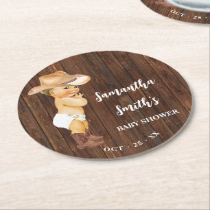 Little Cowboy Western Baby Shower Round Paper Coaster