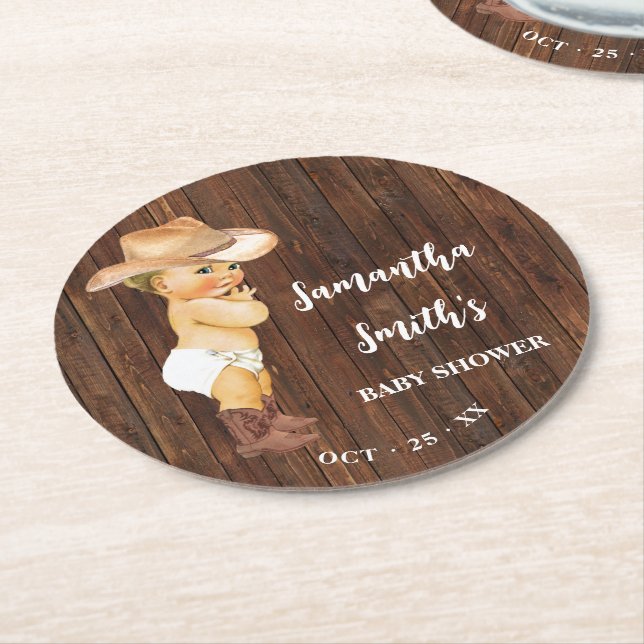 Little Cowboy Western Baby Shower Round Paper Coaster (Angled)