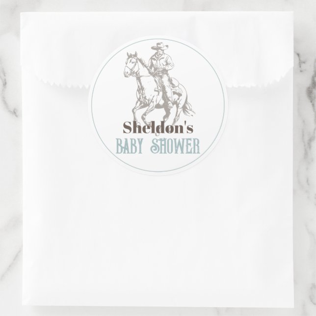 Little Cowboy Western Blue Boy Baby Shower Classic Round Sticker (Bag)