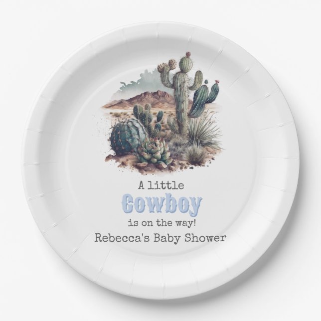 Little Cowboy Western Blue Boy Baby Shower Decor Paper Plate (Front)