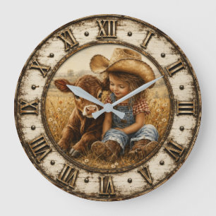Little Cowgirl and Baby Calf Rustic Farmhouse Large Clock