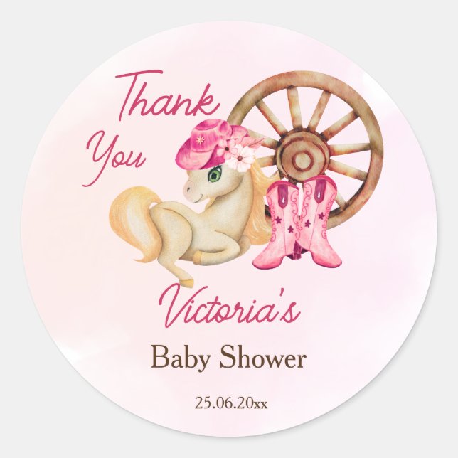 Little cowgirl baby shower thank you  classic round sticker (Front)