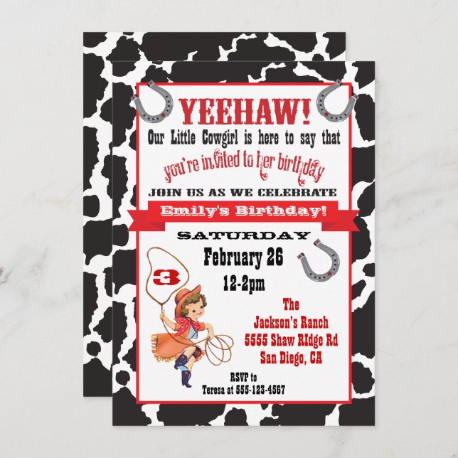 Little cowgirl birthday party invitation (Front/Back)
