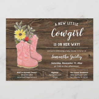 Little Cowgirl Bootie Brown Wood Baby Shower Invitation