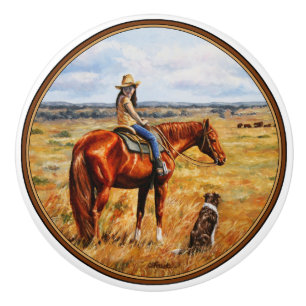 Little Cowgirl on Cattle Horse Ceramic Knob