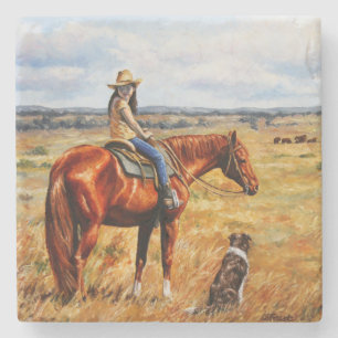 Little Cowgirl on Cattle Horse Stone Coaster