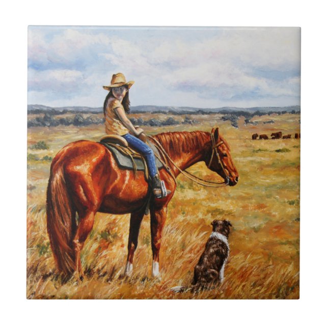 Little Cowgirl on Cattle Horse Tile (Front)