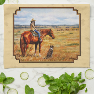 Little Cowgirl on Cattle Horse Yellow Tea Towel