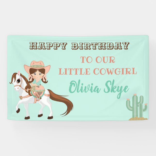 Little Cowgirl on Horse Girls Western Birthday Banner (Horizontal)
