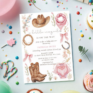 Little Cowgirl On The Way Pink Bow Baby Shower Invitation
